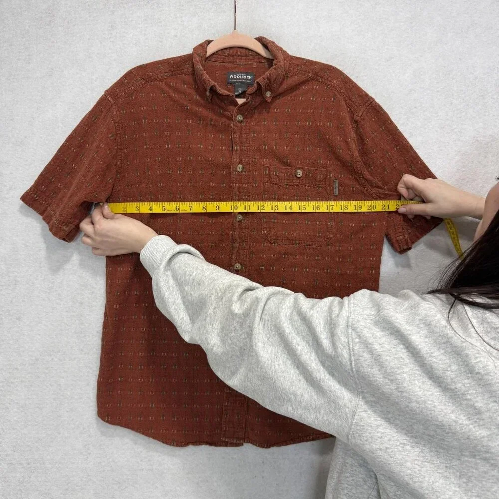 Woolrich Shirt Mens Medium Rust Orange Geometric Short Sleeve Button Up Cotton